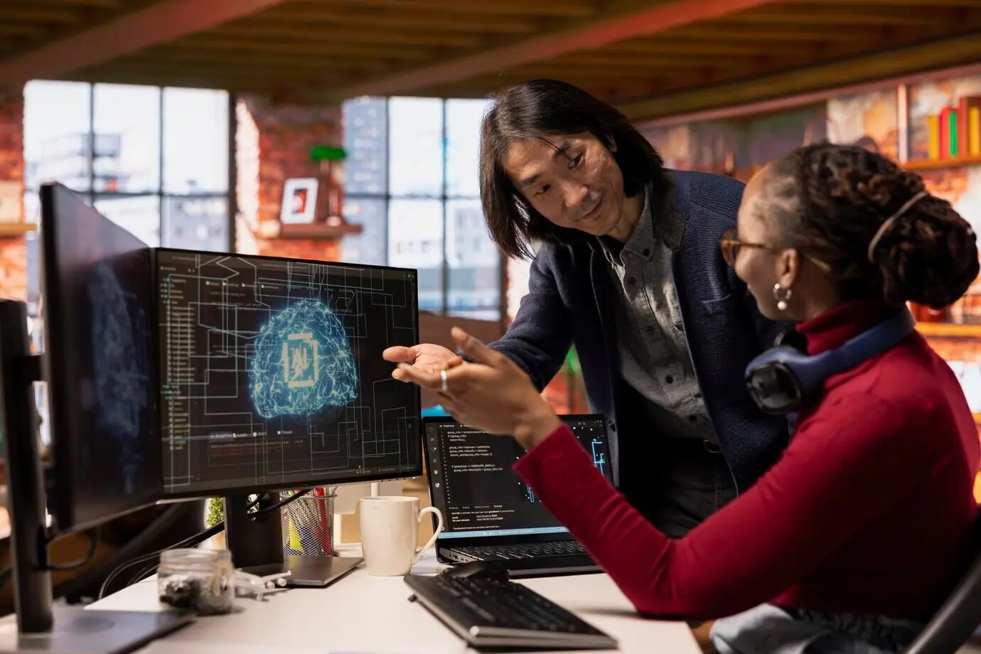 Ein CTO-Manager in einem multiethnischen Startup-Büro hilft einem Techniker beim Programmieren einer fortschrittlichen KI.